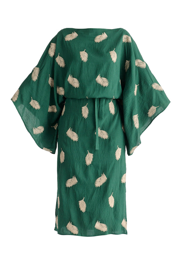 Leaf Embroidered Kimono Sleeves Midi Dress in Green Cutout