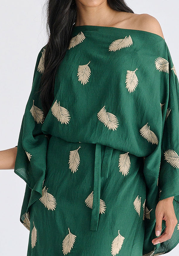 Leaf Embroidered Kimono Sleeves Midi Dress in Green Closeup