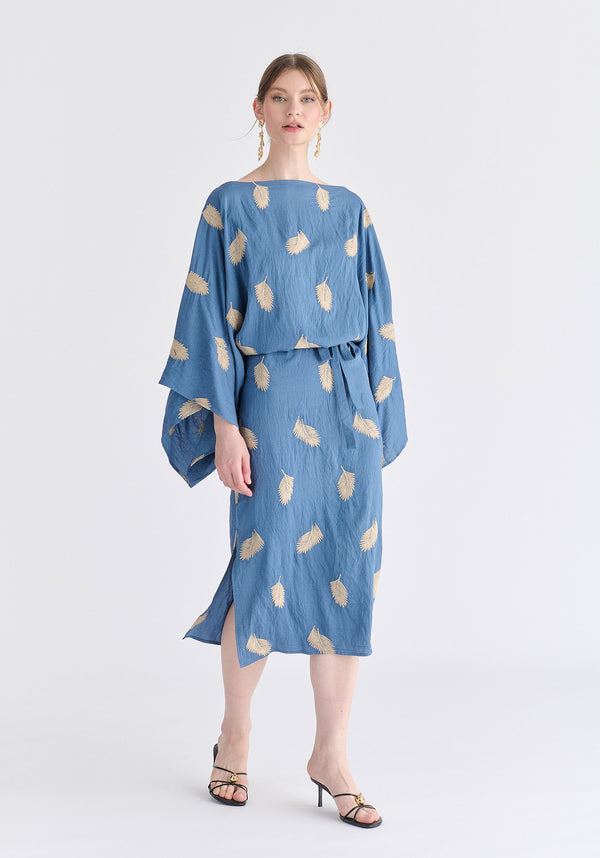 Leaf Embroidered Kimono Sleeves Midi Dress in Blue Front