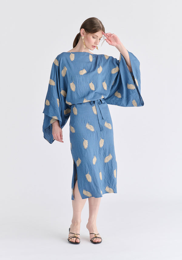 Leaf Embroidered Kimono Sleeves Midi Dress in Blue Front