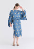 Leaf Embroidered Kimono Sleeves Midi Dress in Blue Front