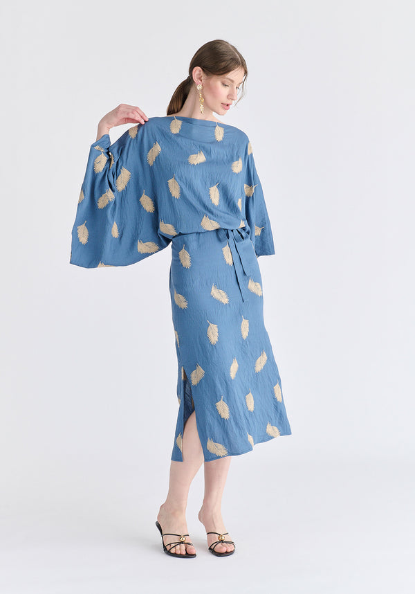 Leaf Embroidered Kimono Sleeves Midi Dress in Blue Side