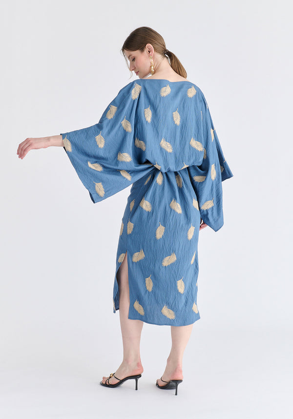 Leaf Embroidered Kimono Sleeves Midi Dress in Blue Back
