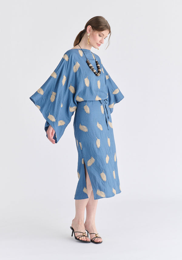 Leaf Embroidered Kimono Sleeves Midi Dress in Blue Side