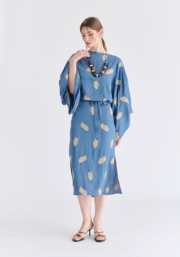 Leaf Embroidered Kimono Sleeves Midi Dress in Blue Front