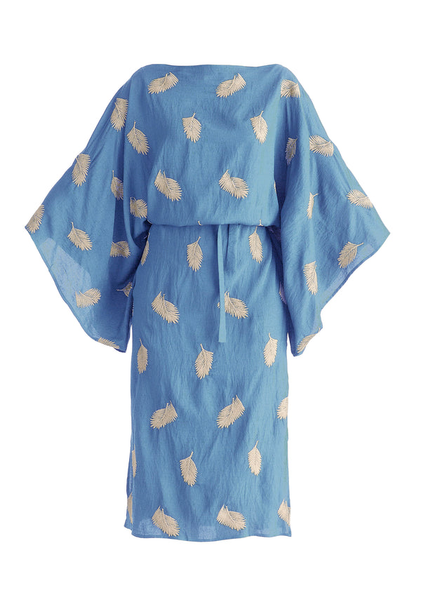 Leaf Embroidered Kimono Sleeves Midi Dress in Blue Cutout