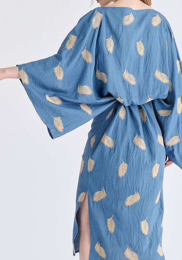 Leaf Embroidered Kimono Sleeves Midi Dress in Blue Closeup