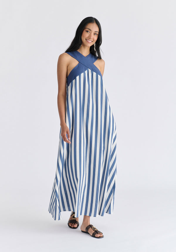 Cross Strap Halterneck Maxi Dress in Blue and White Front