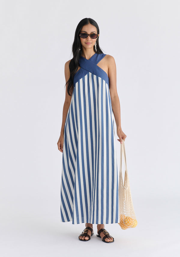 Cross Strap Halterneck Maxi Dress in Blue and White Front
