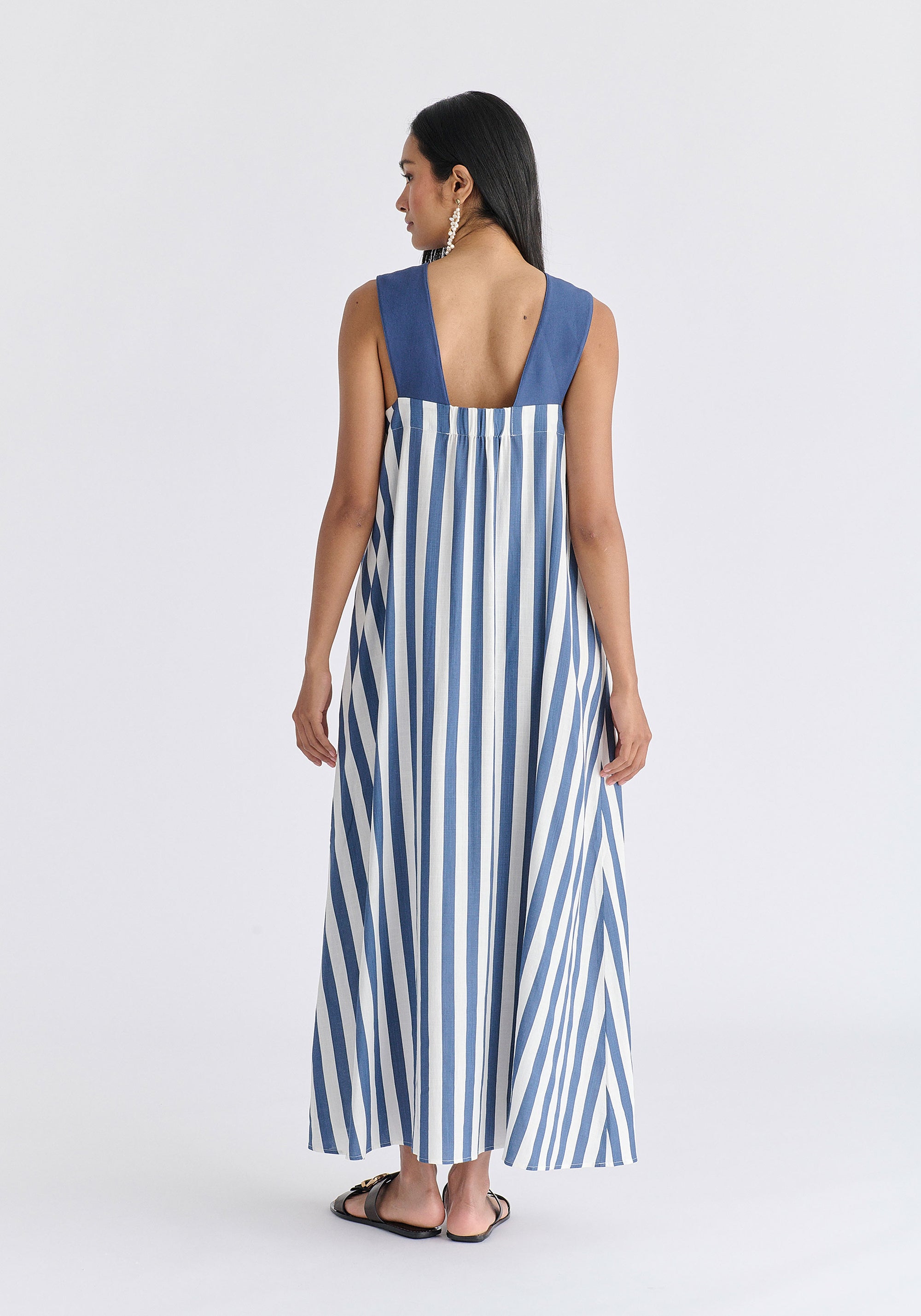 Cross Strap Halterneck Maxi Dress in Blue and White Back