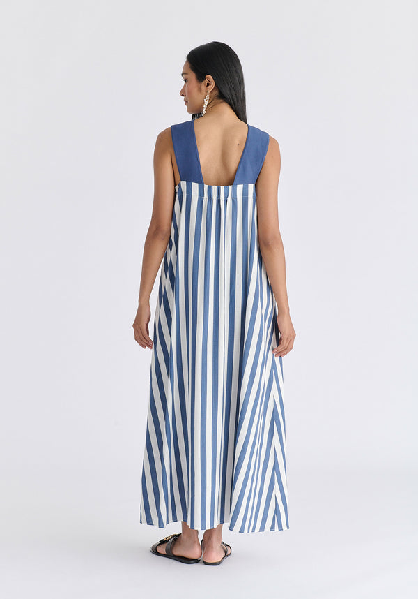Cross Strap Halterneck Maxi Dress in Blue and White Back