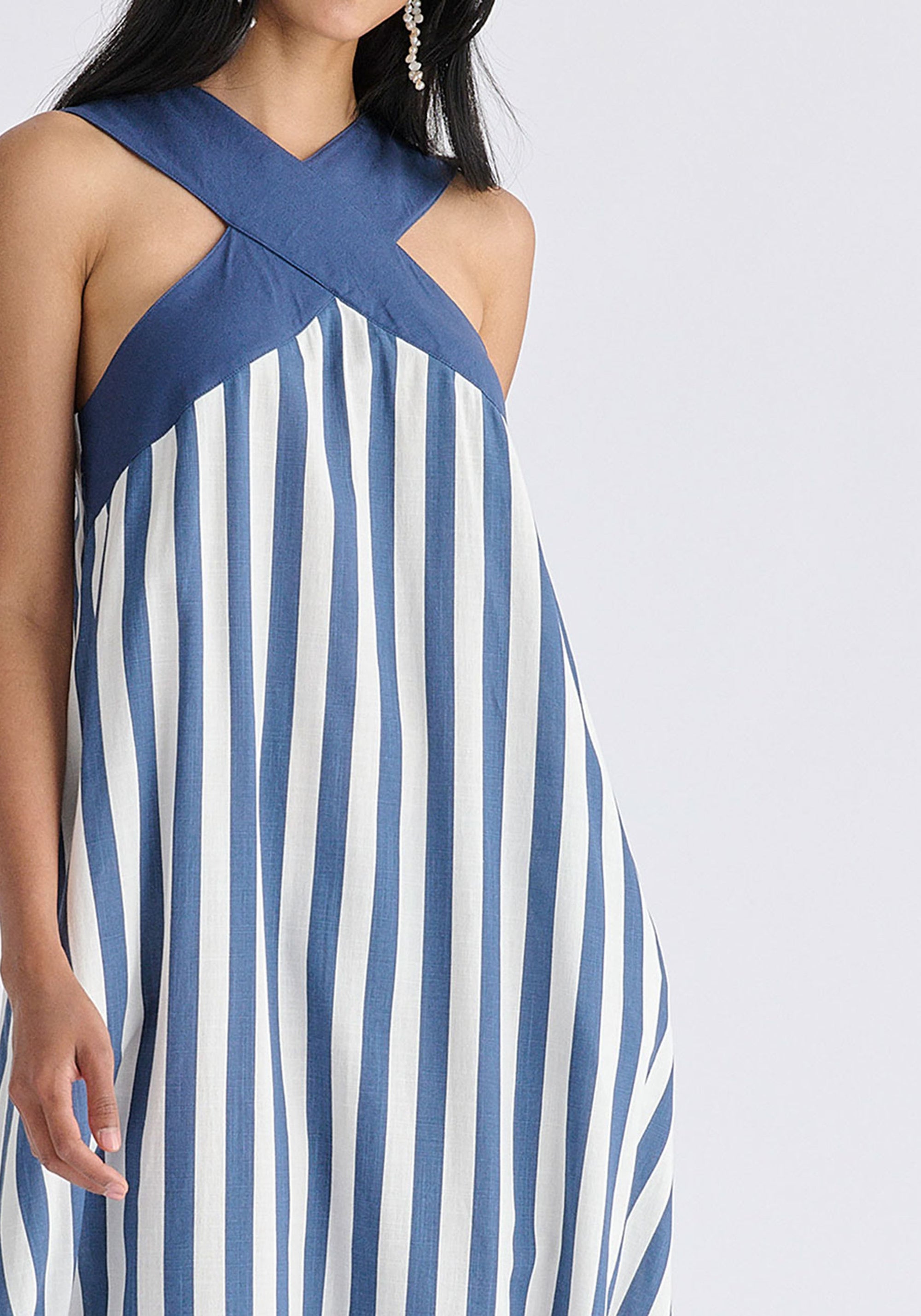 Cross Strap Halterneck Maxi Dress in Blue and White Closeup