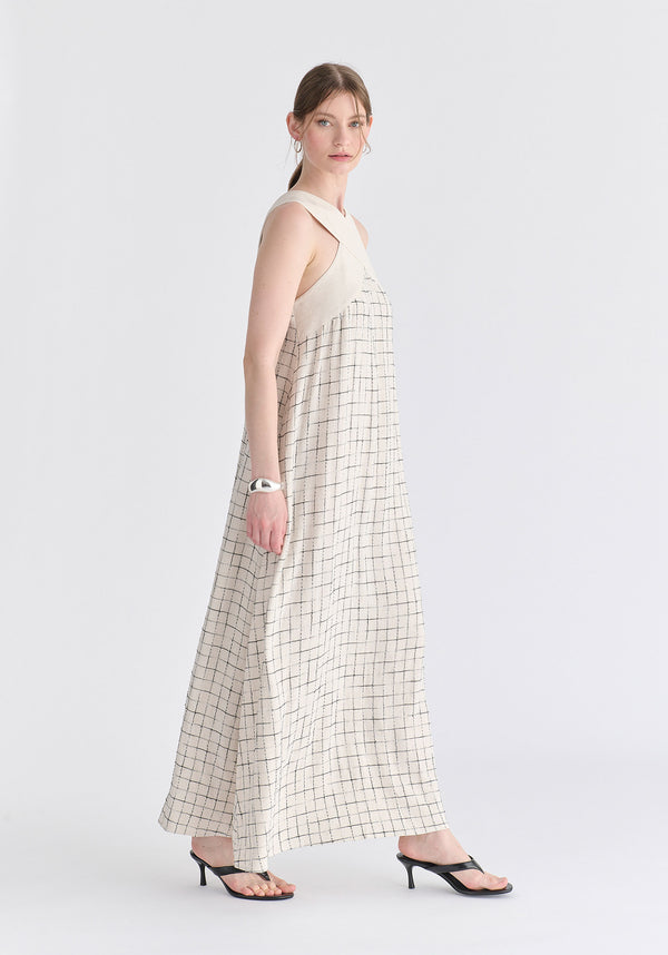 Cross Strap Halterneck Maxi Dress in Oatmeal and Black Side
