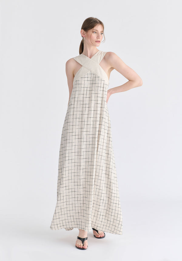 Cross Strap Halterneck Maxi Dress in Oatmeal and Black Front