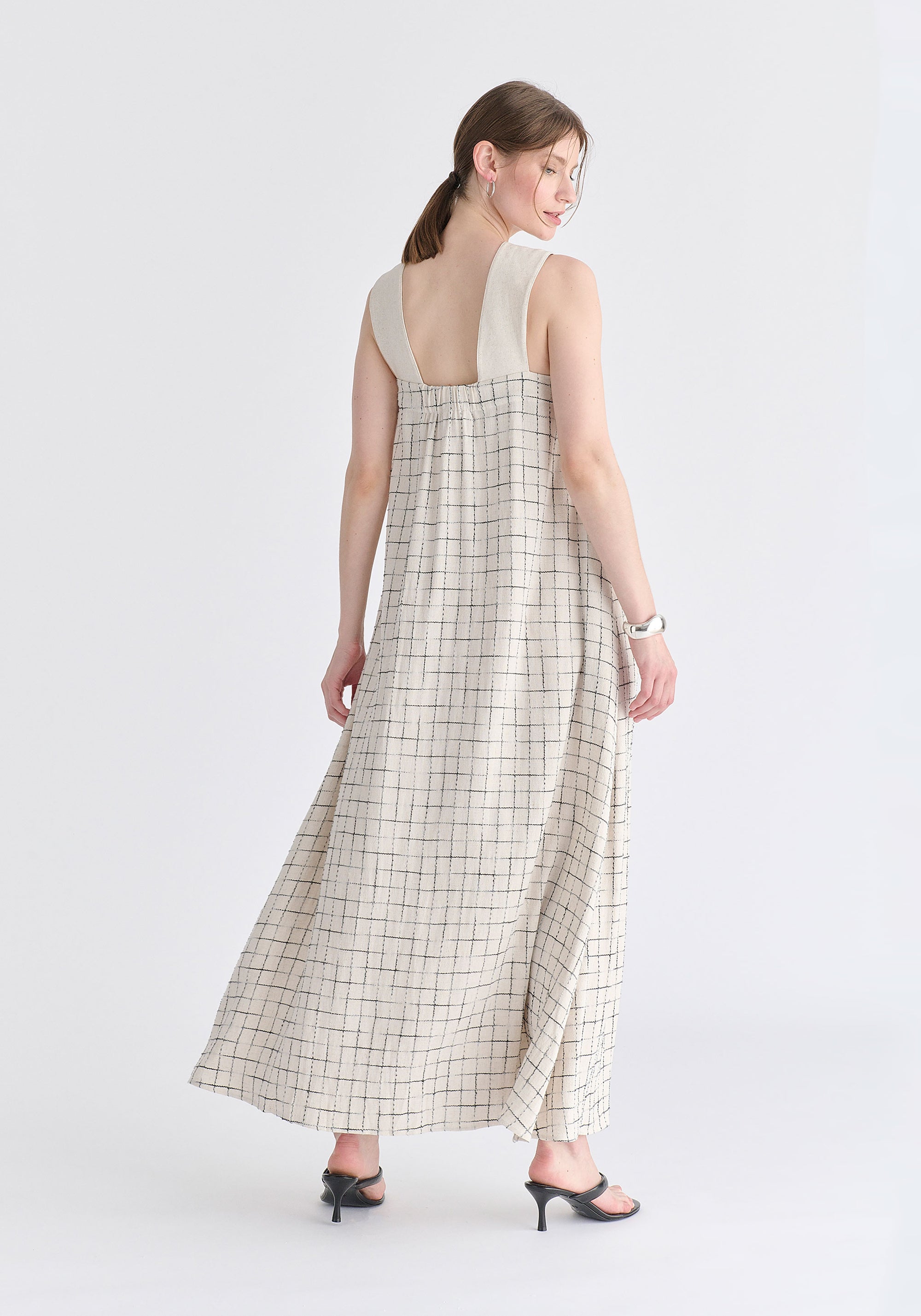 Cross Strap Halterneck Maxi Dress in Oatmeal and Black Back