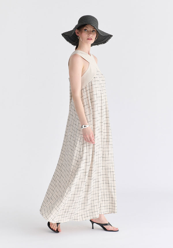 Cross Strap Halterneck Maxi Dress in Oatmeal and Black Side