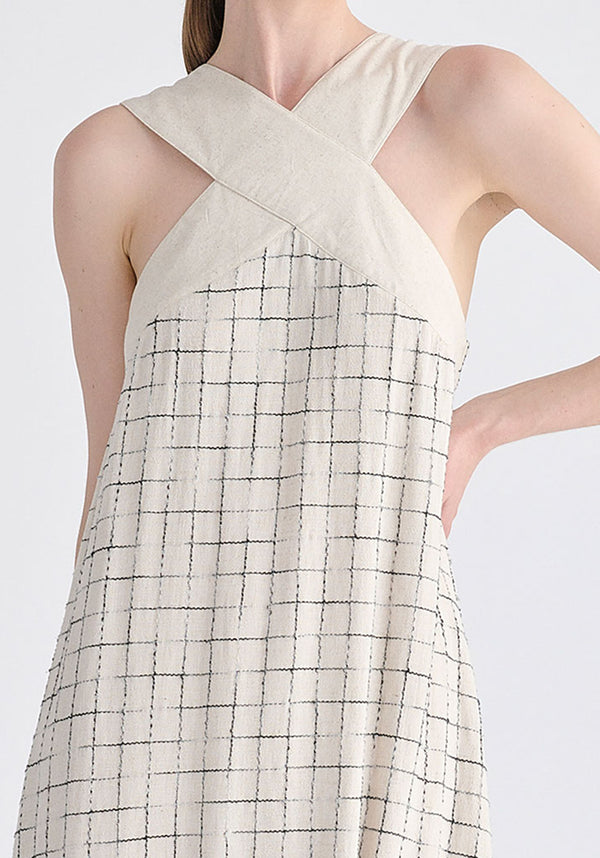 Cross Strap Halterneck Maxi Dress in Oatmeal and Black Closeup