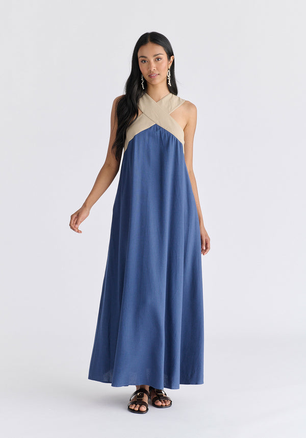 Cross Strap Halterneck Maxi Dress in Blue and Taupe Front