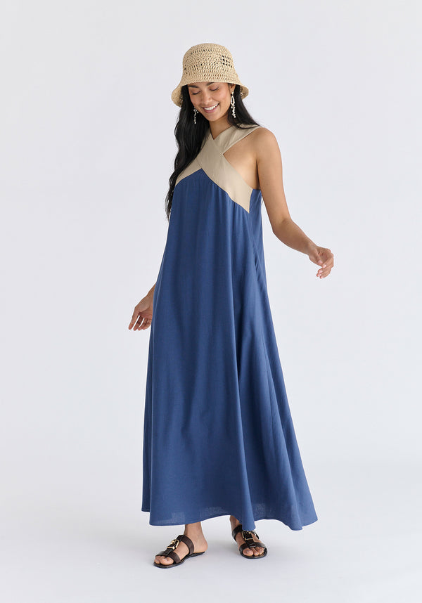 Cross Strap Halterneck Maxi Dress in Blue and Taupe Side