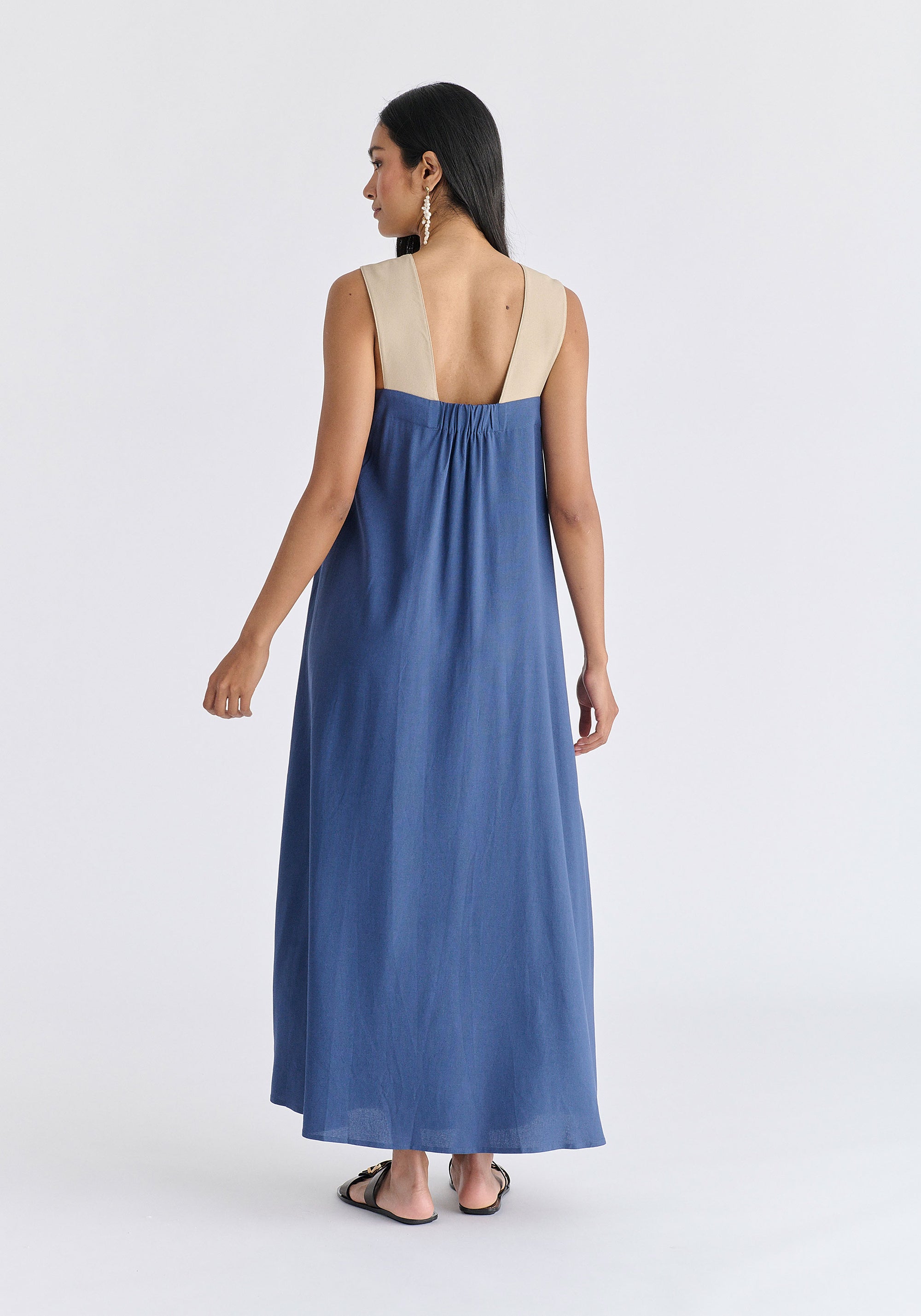 Cross Strap Halterneck Maxi Dress in Blue and Taupe Back