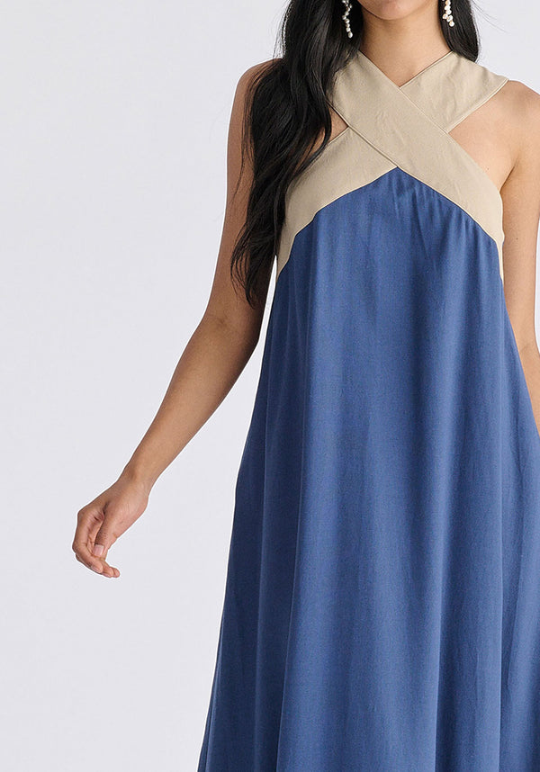 Cross Strap Halterneck Maxi Dress in Blue and Taupe Closeup