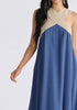 Cross Strap Halterneck Maxi Dress in Blue and Taupe Closeup