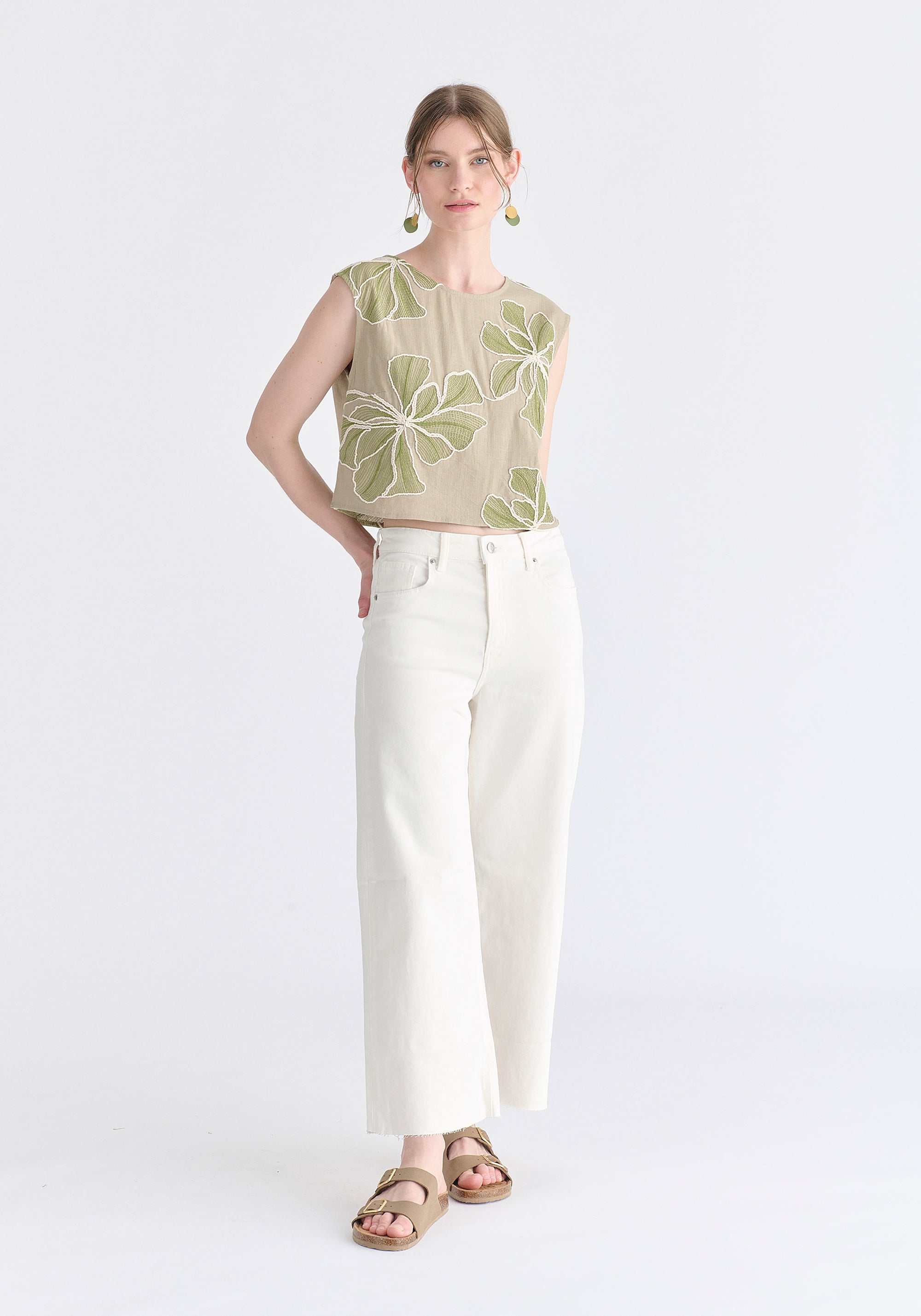 Floral Embroidered Cropped Top in Green Front
