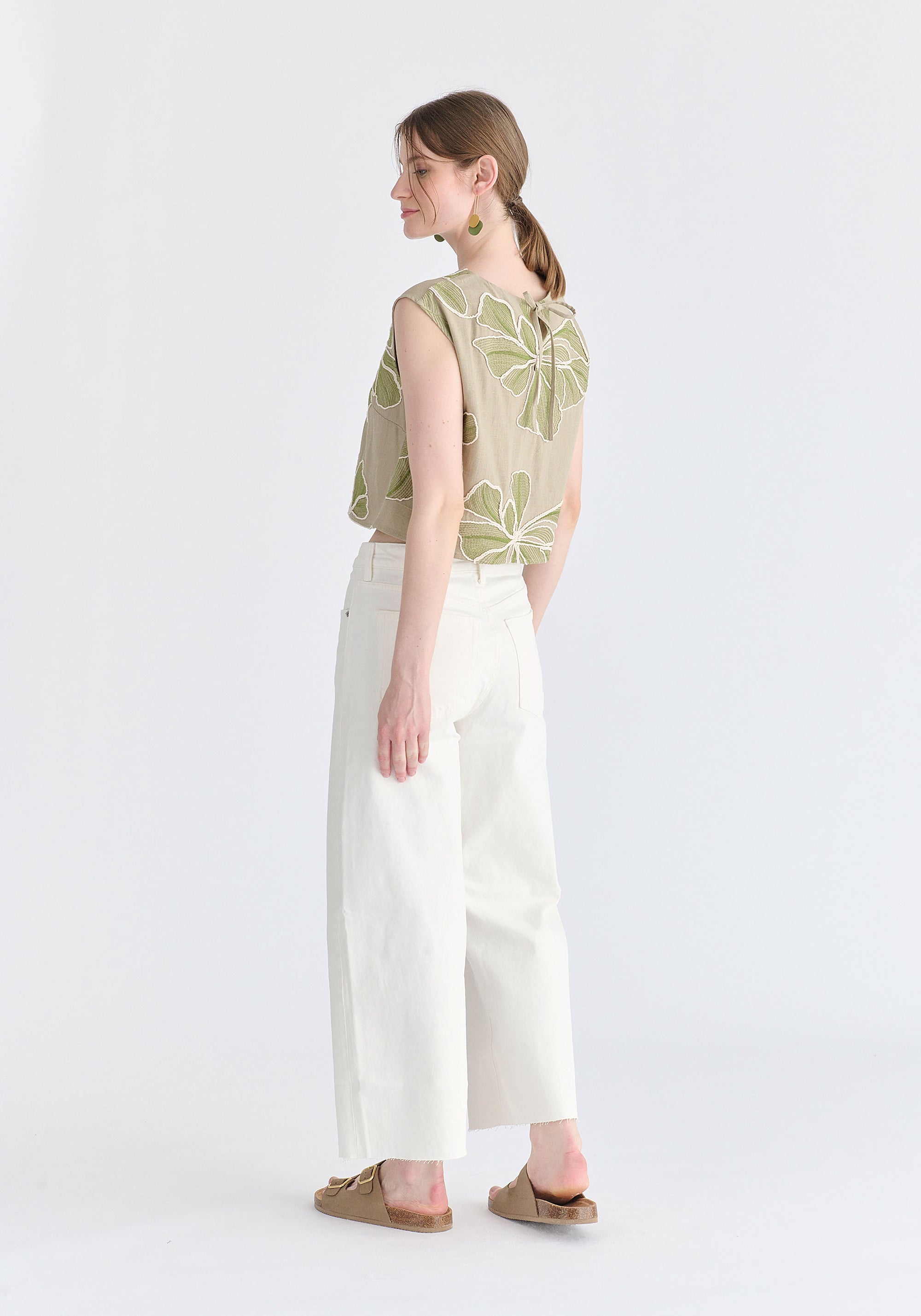 Floral Embroidered Cropped Top in Green Back