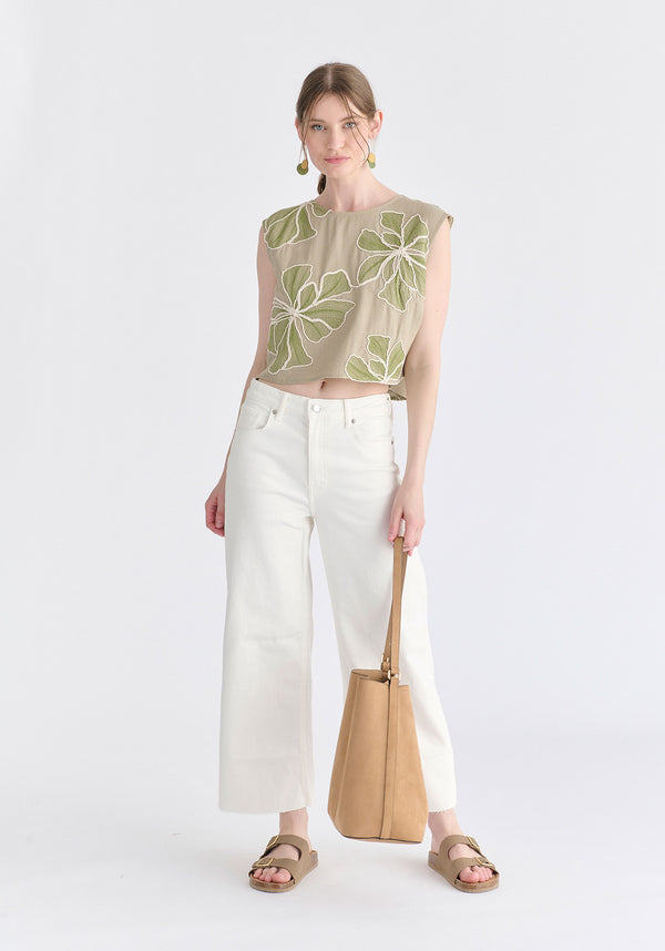 Floral Embroidered Cropped Top in Green Front