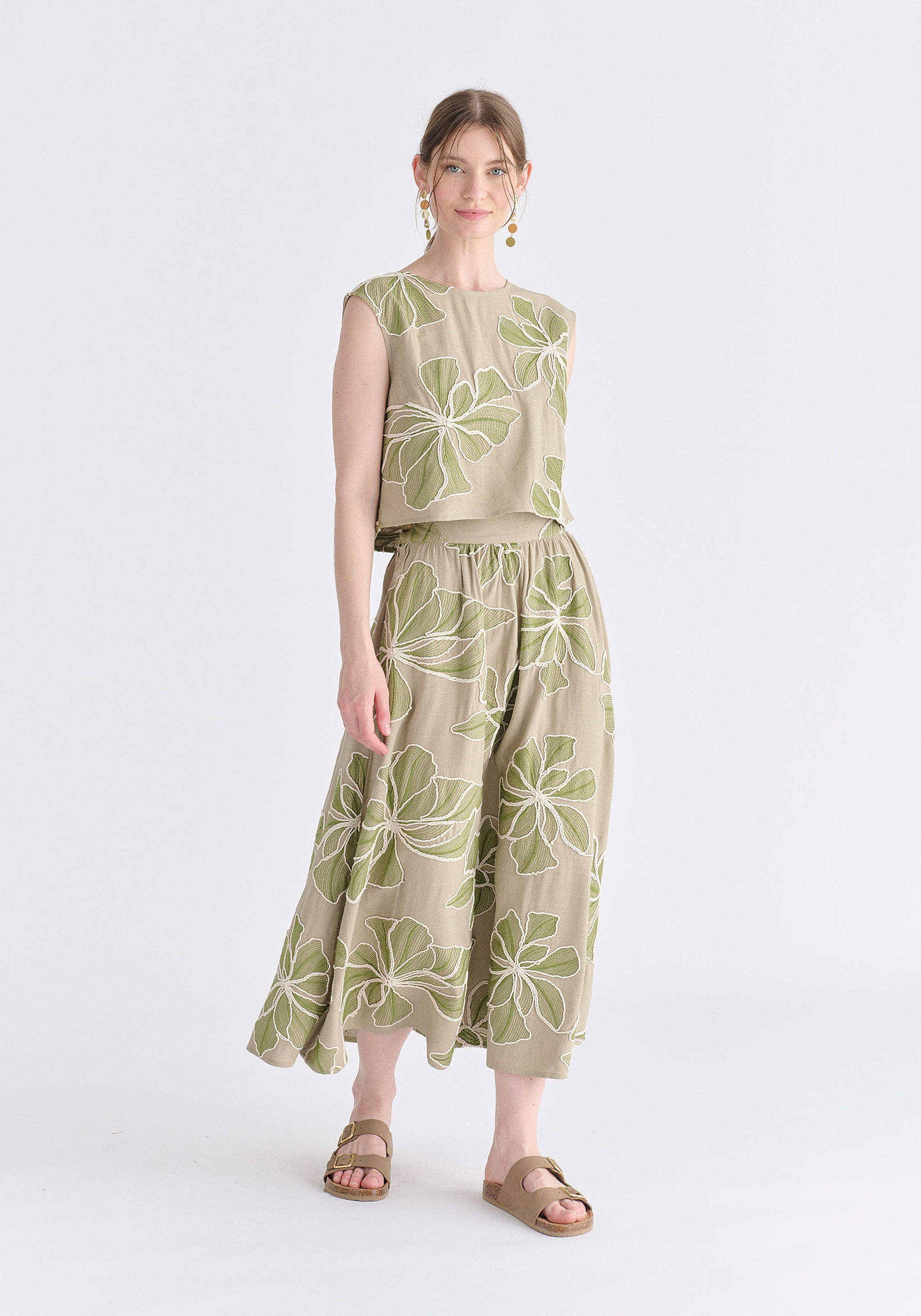 Floral Embroidered Cropped Top in Green Front