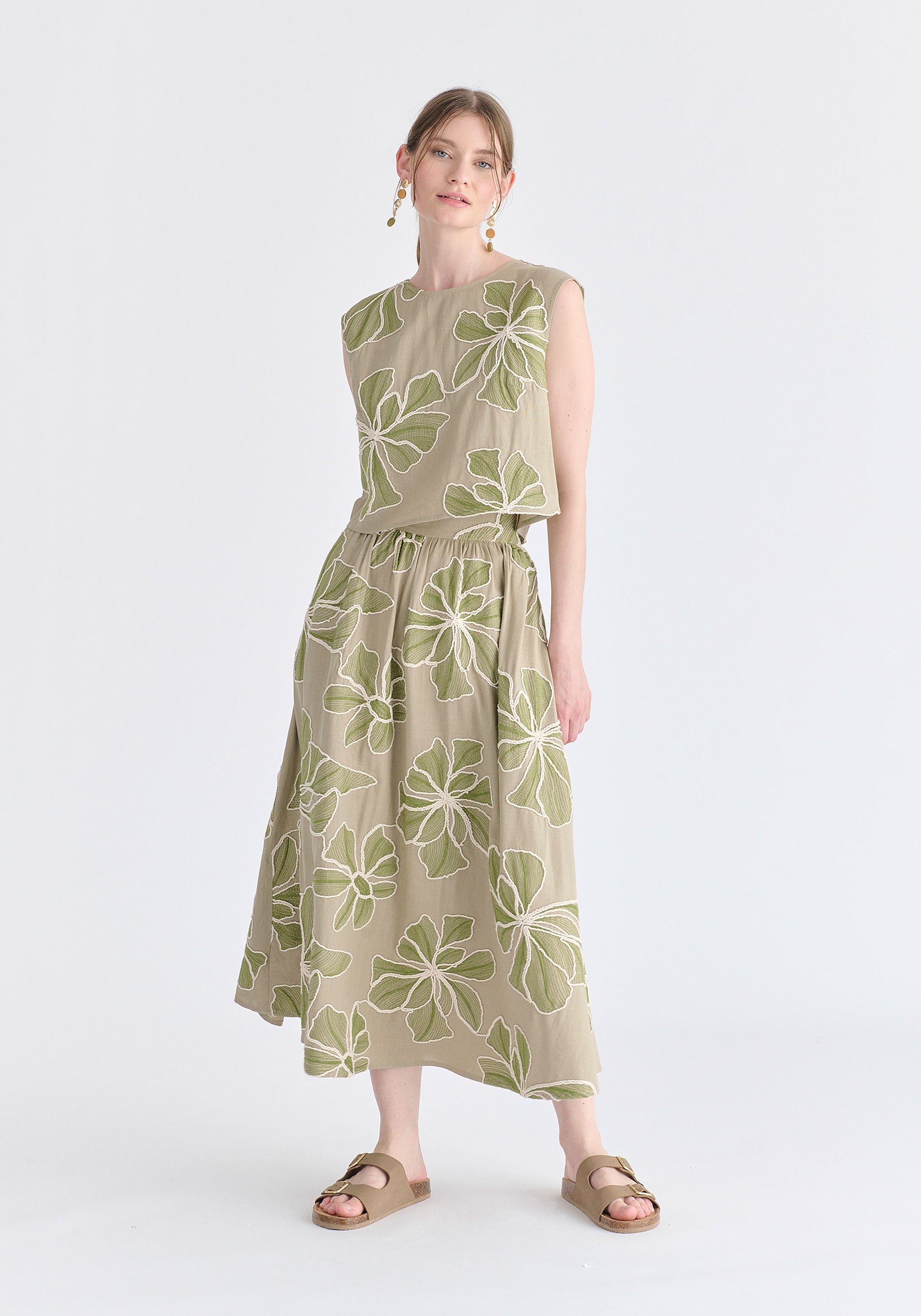 Floral Embroidered Cropped Top in Green Front