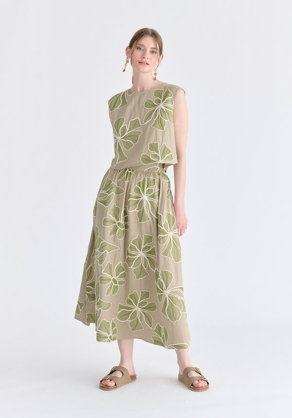 Floral Embroidered Cropped Top in Green Front