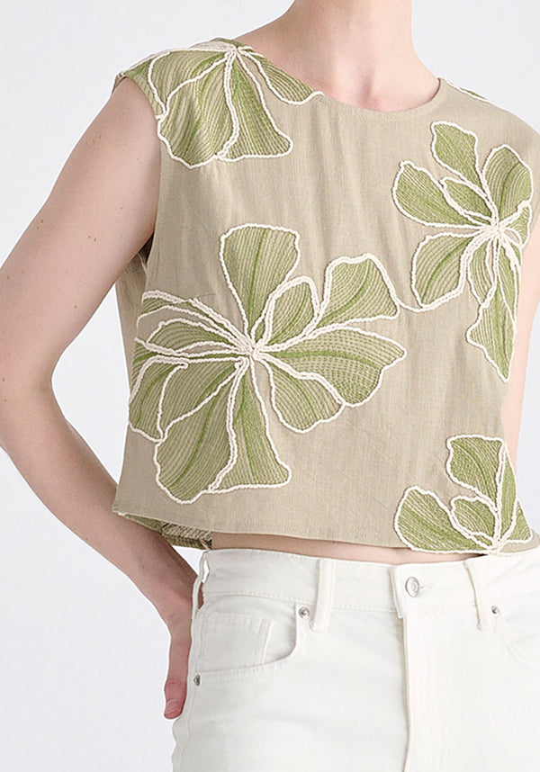 Floral Embroidered Cropped Top in Green Closeup