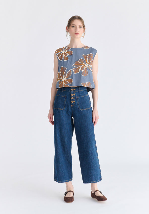 Floral Embroidered Cropped Top in Blue Front