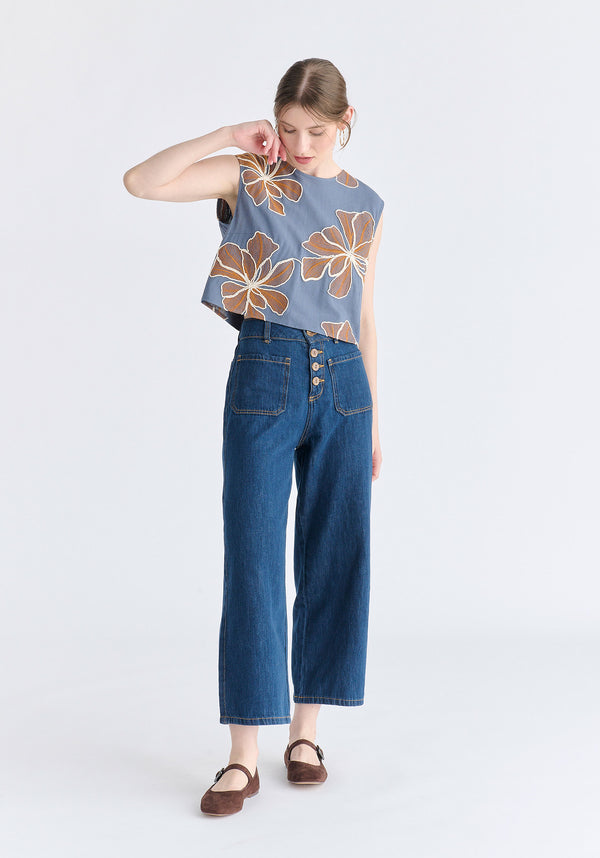 Floral Embroidered Cropped Top in Blue Side