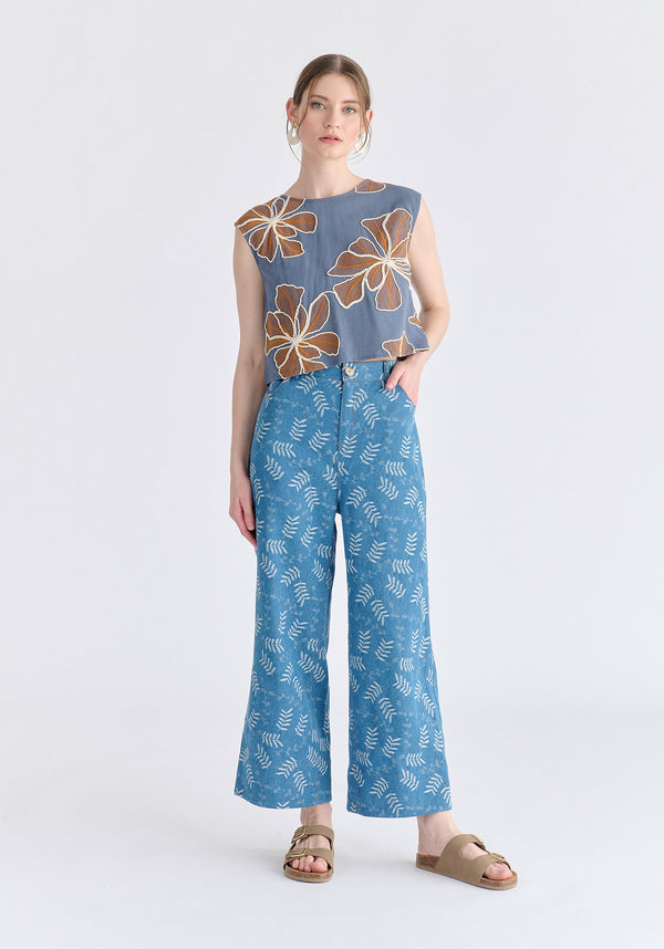 Floral Embroidered Cropped Top in Blue Front