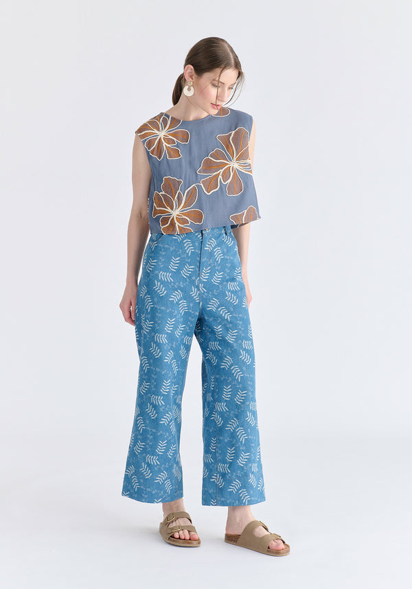 Floral Embroidered Cropped Top in Blue Side