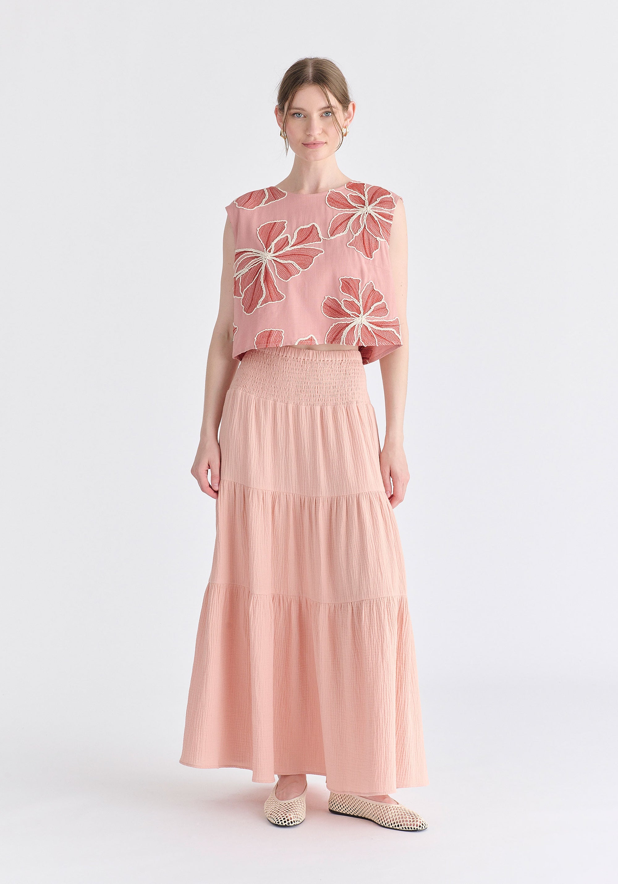 Floral Embroidered Cropped Top in Pink Front