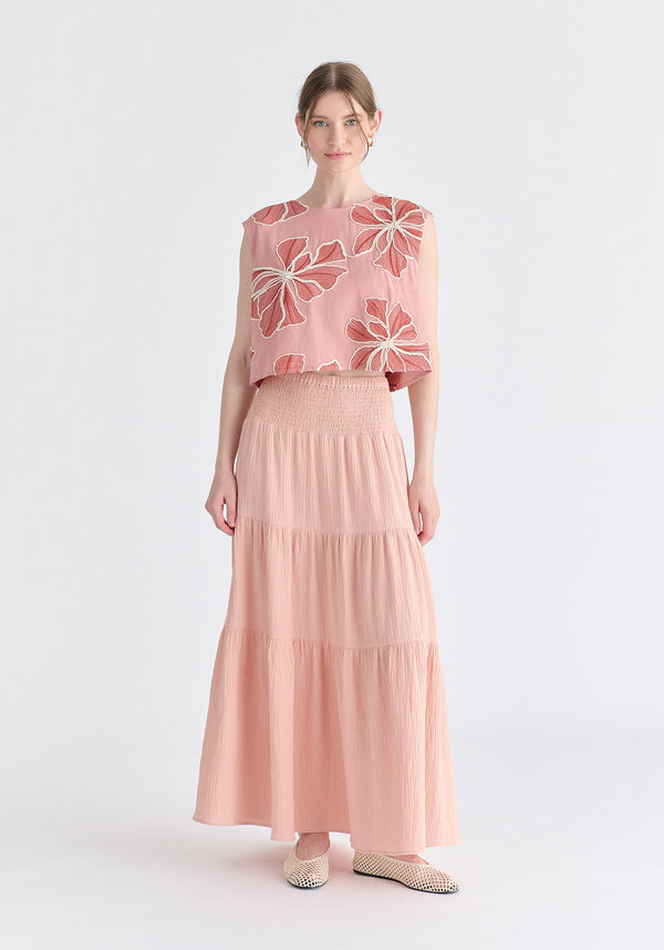 Floral Embroidered Cropped Top in Pink Front