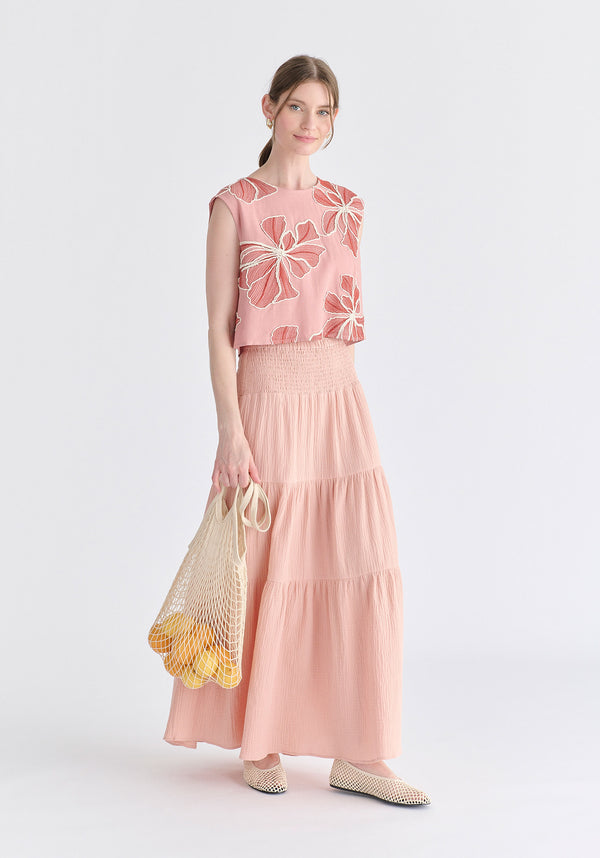 Floral Embroidered Cropped Top in Pink Side