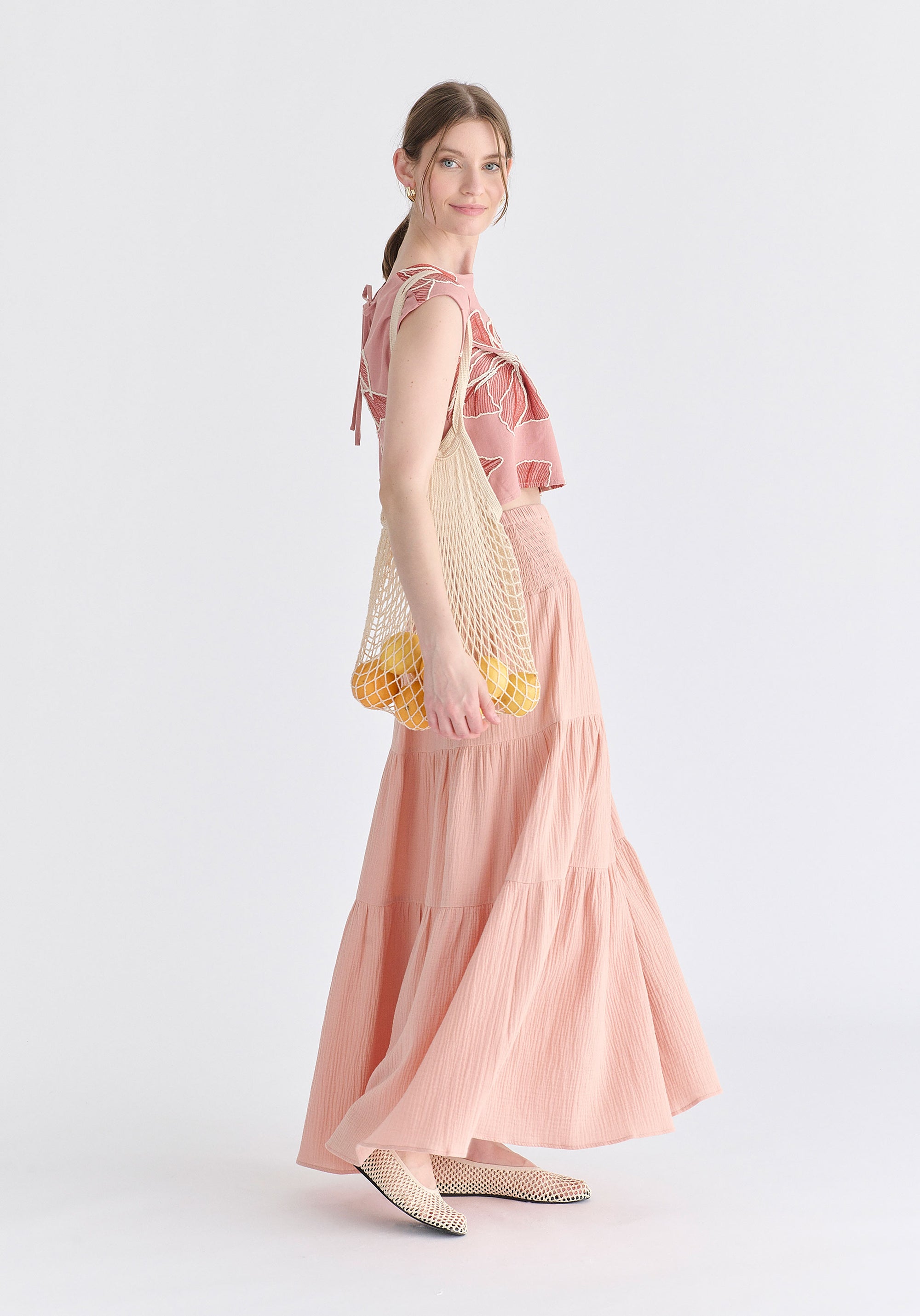Floral Embroidered Cropped Top in Pink Side