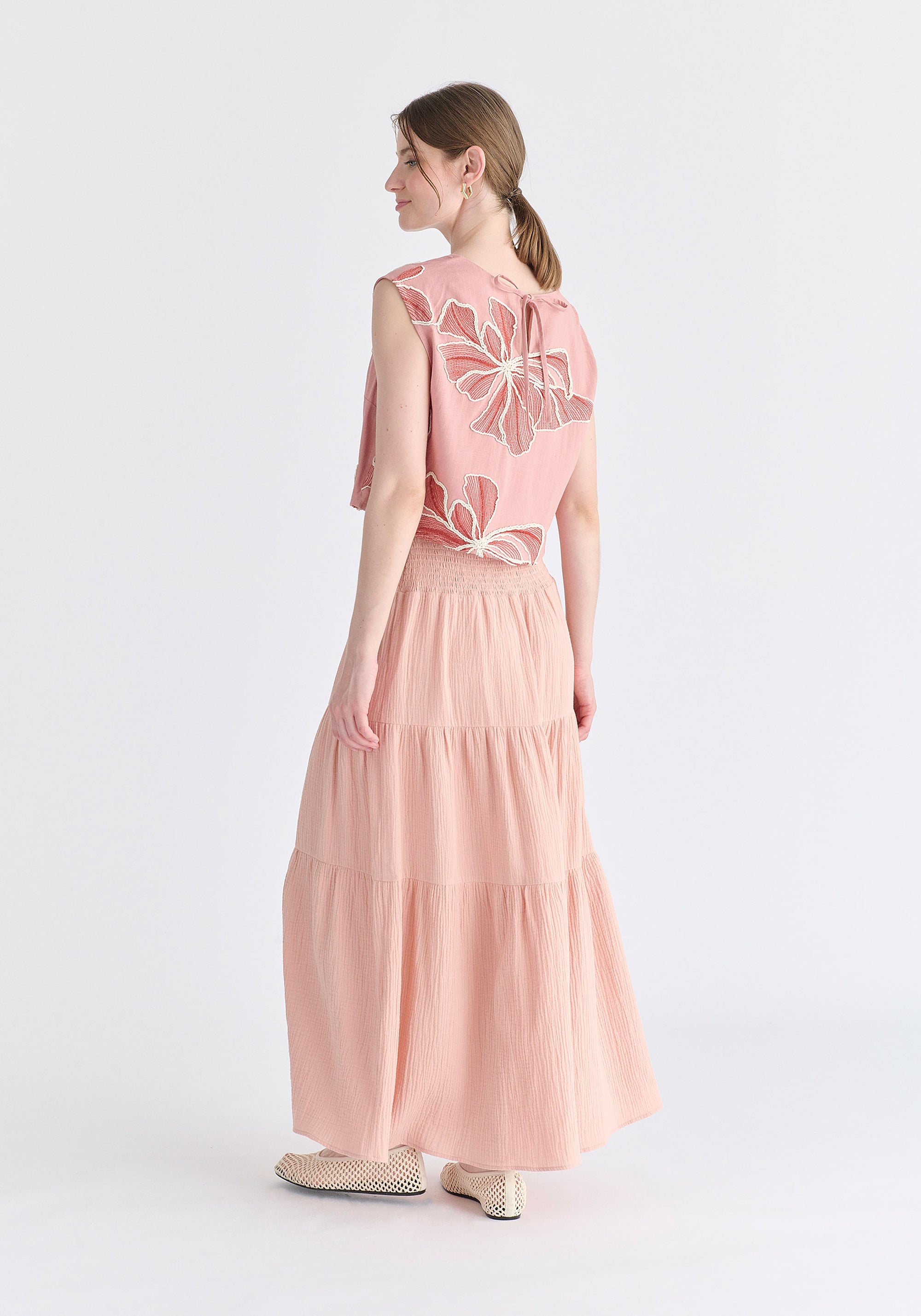 Floral Embroidered Cropped Top in Pink Back