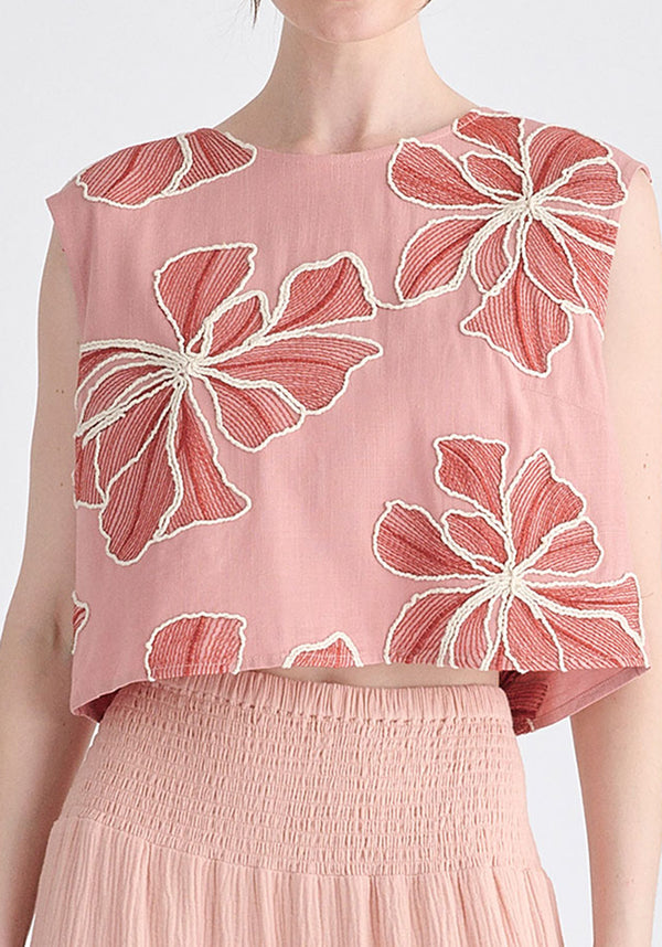 Floral Embroidered Cropped Top in Pink Closeup