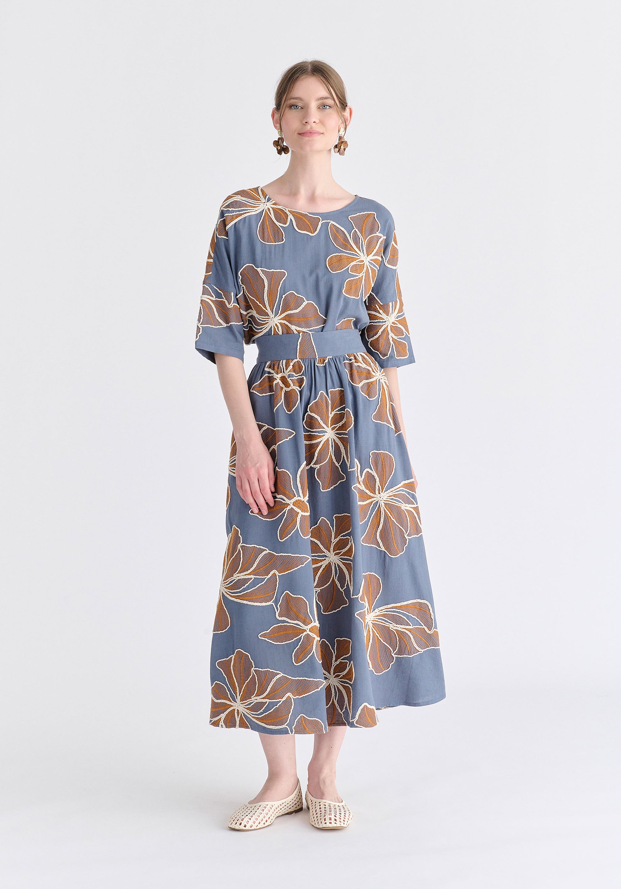 Floral Embroidered Relax Fit Top in Blue Front