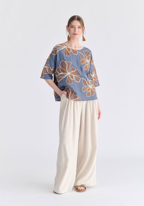 Floral Embroidered Relax Fit Top in Blue Front