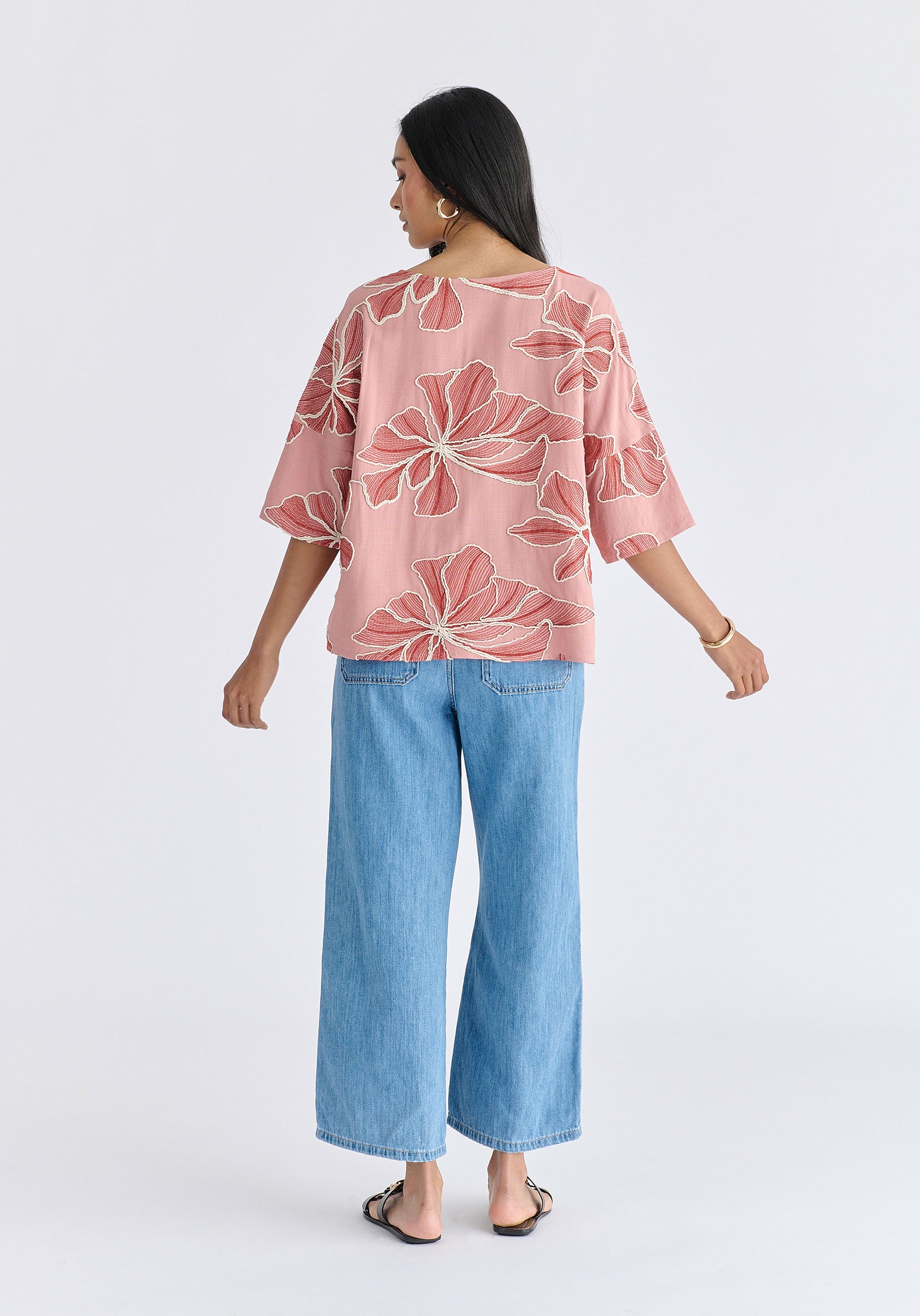 Floral Embroidered Relax Fit Top in Pink Back