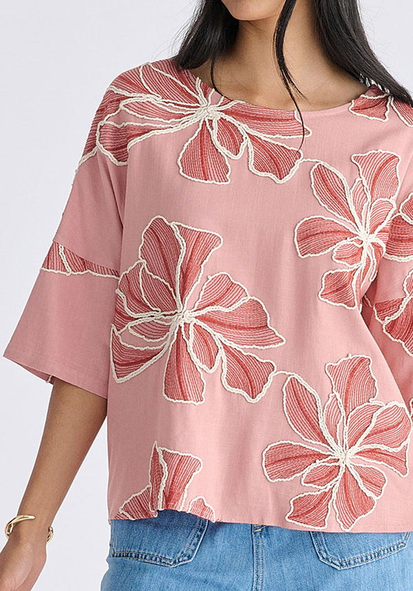 Floral Embroidered Relax Fit Top in Pink Closeup