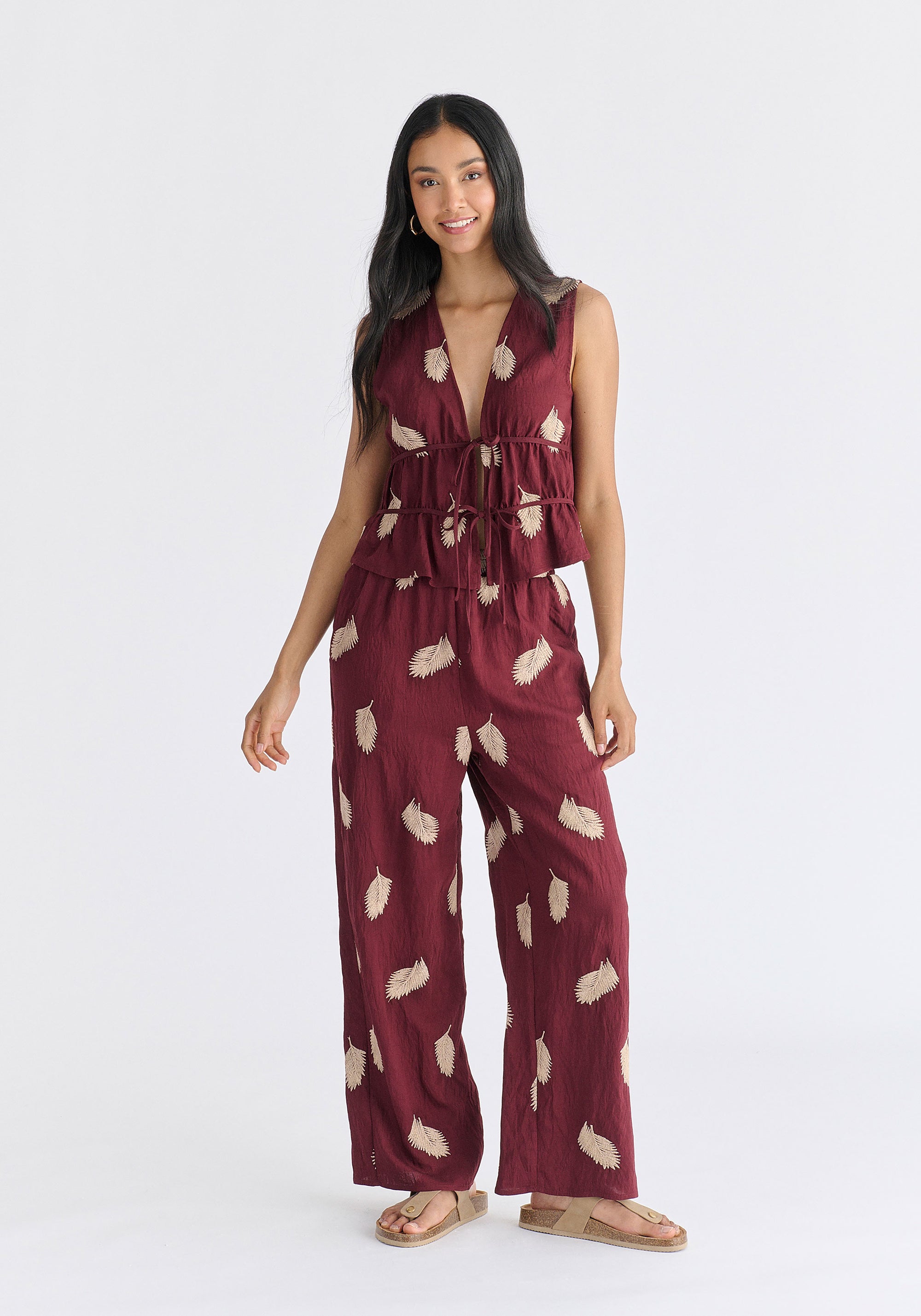 Leaf Embroidered Tie Front Waistcoat