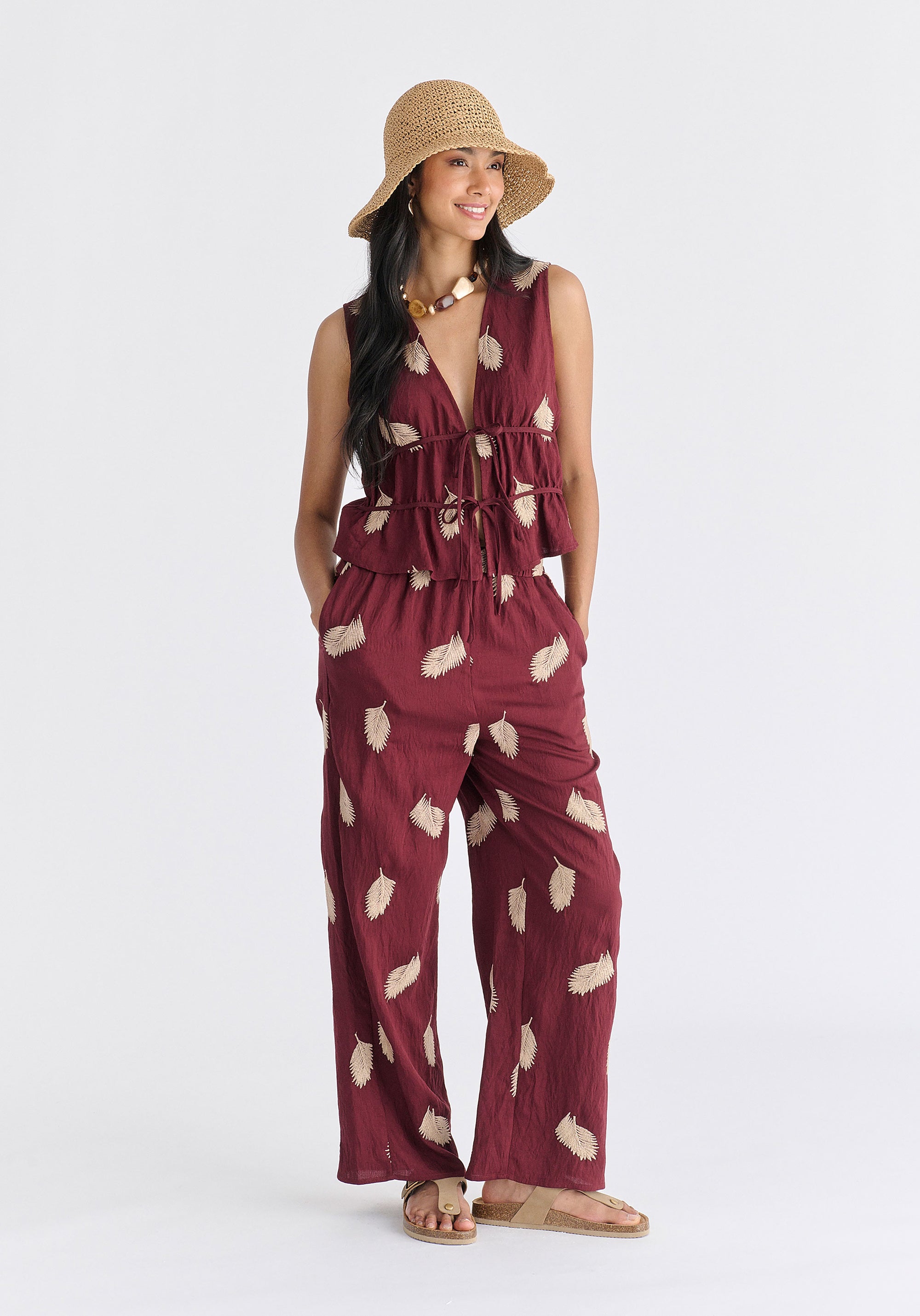 Leaf Embroidered Tie Front Waistcoat