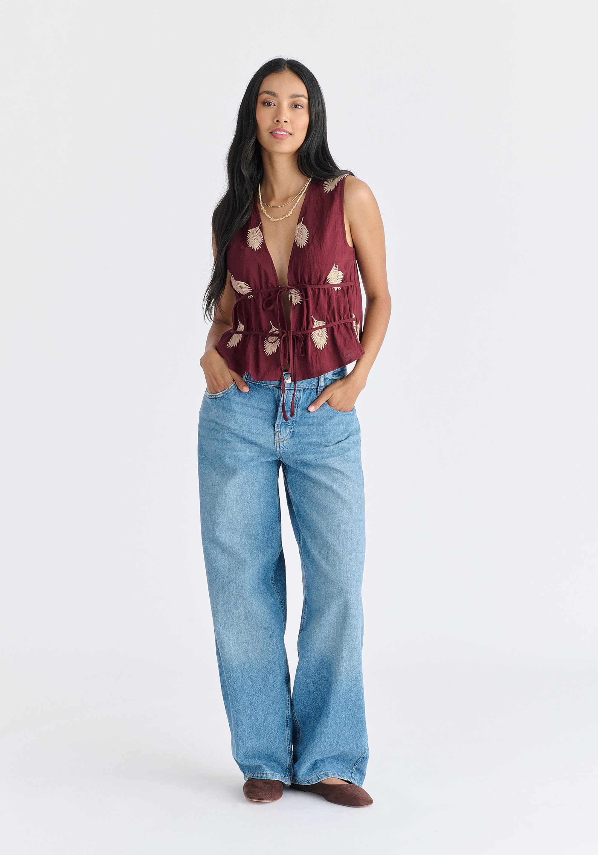 Leaf Embroidered Tie Front Waistcoat